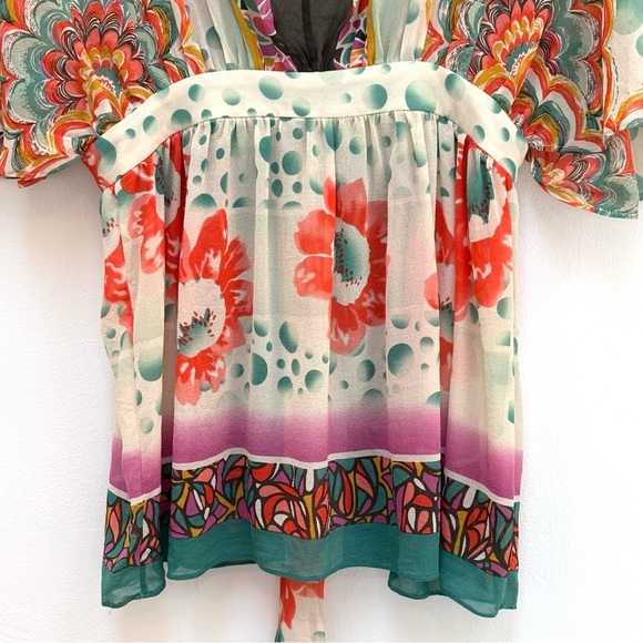 Vintage Nicole Miller Silk Chiffon Kimono Top Sheer Floral Tie Front Size Small - Picture 8 of 13